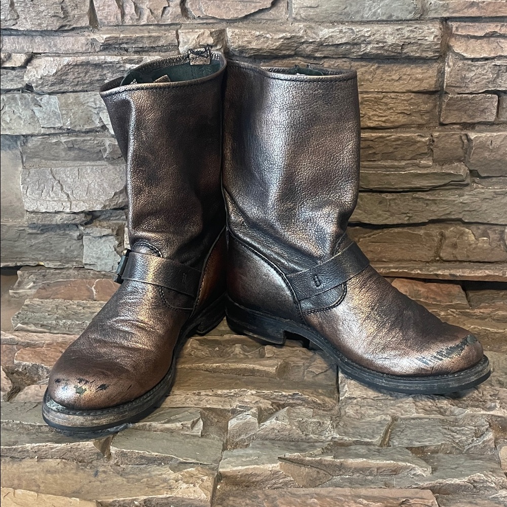 Frye Veronica Distressed Leather Boots Metallic Bronze - Picture 14 of 16